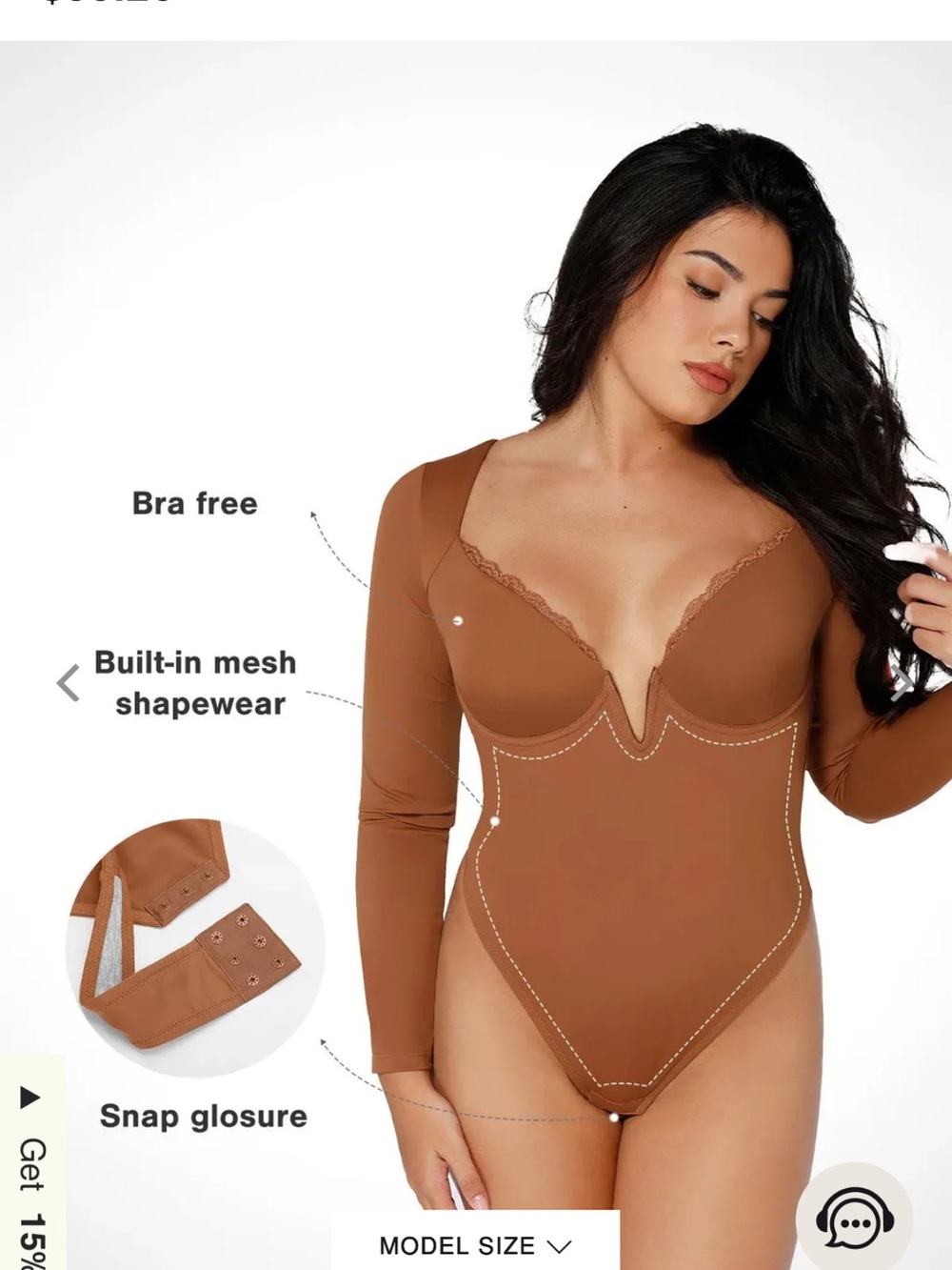 Long Sleeve V-Neck Shapewear Bodysuit in Brown shapewear top never worn